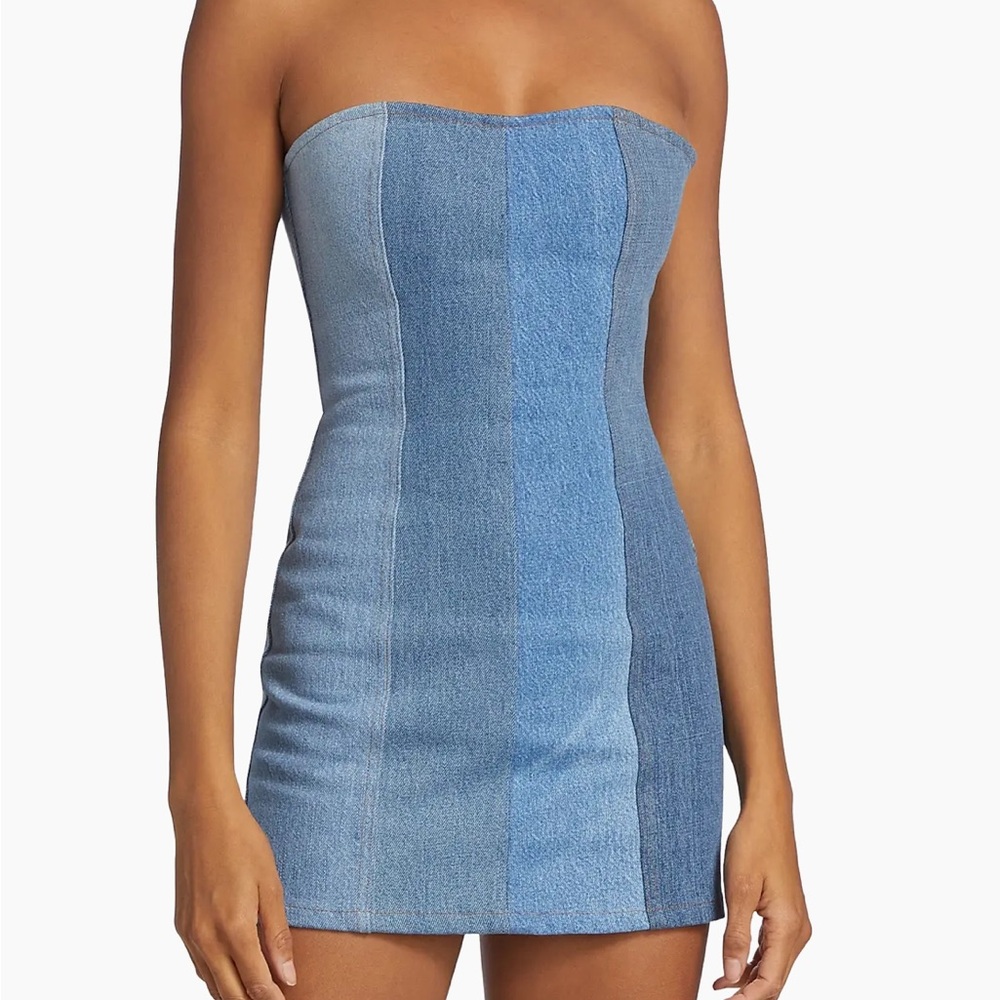 EB Denim Strapless Dress in Blue Tones